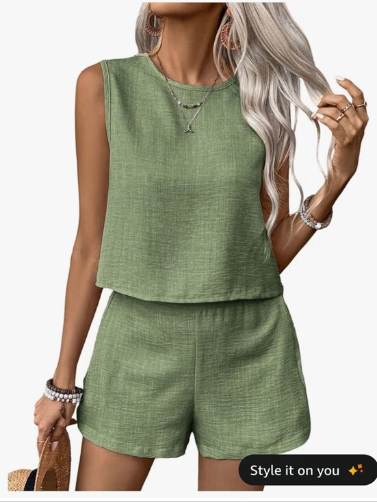 Pants - Sleeveless Two-Piece Linen-Blend Shorts Set - Green #61